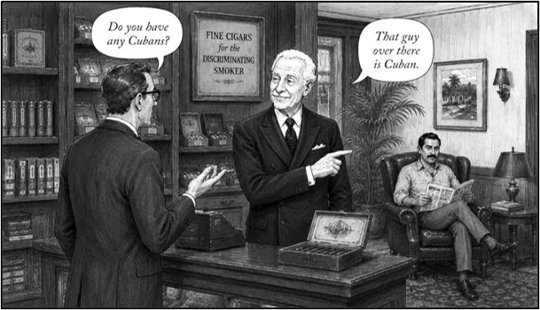 Cartoon illustrating scarcity and Cuban cigars